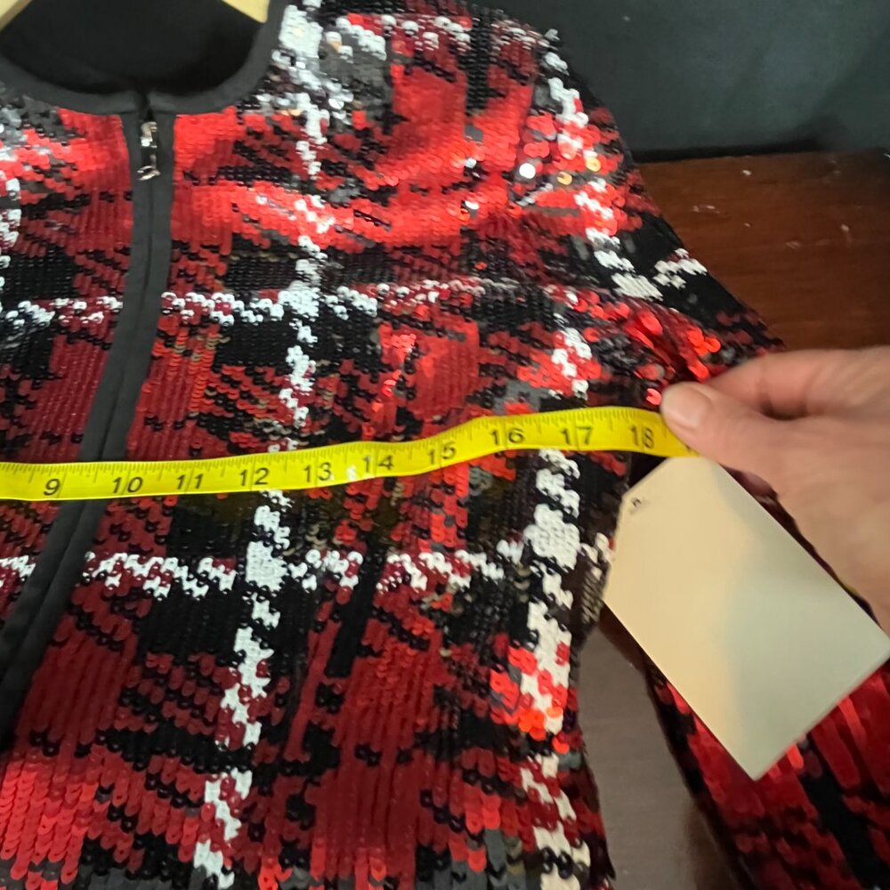 Holiday Ready Boston Proper Sequined Plaid Peplum Zip Blazer - Picture 16 of 16